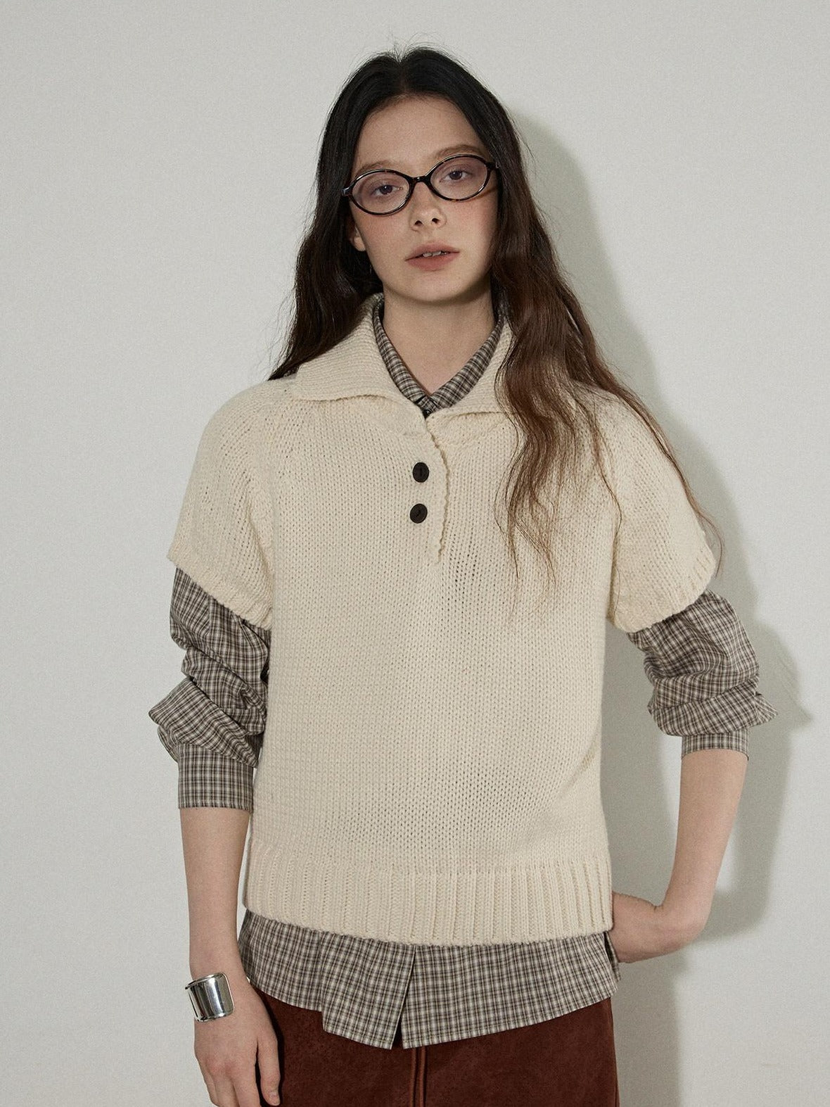 Lofi choose Comfortable Loose Plaid Button Collar Long Sleeve Women Workwear Midi Dresses