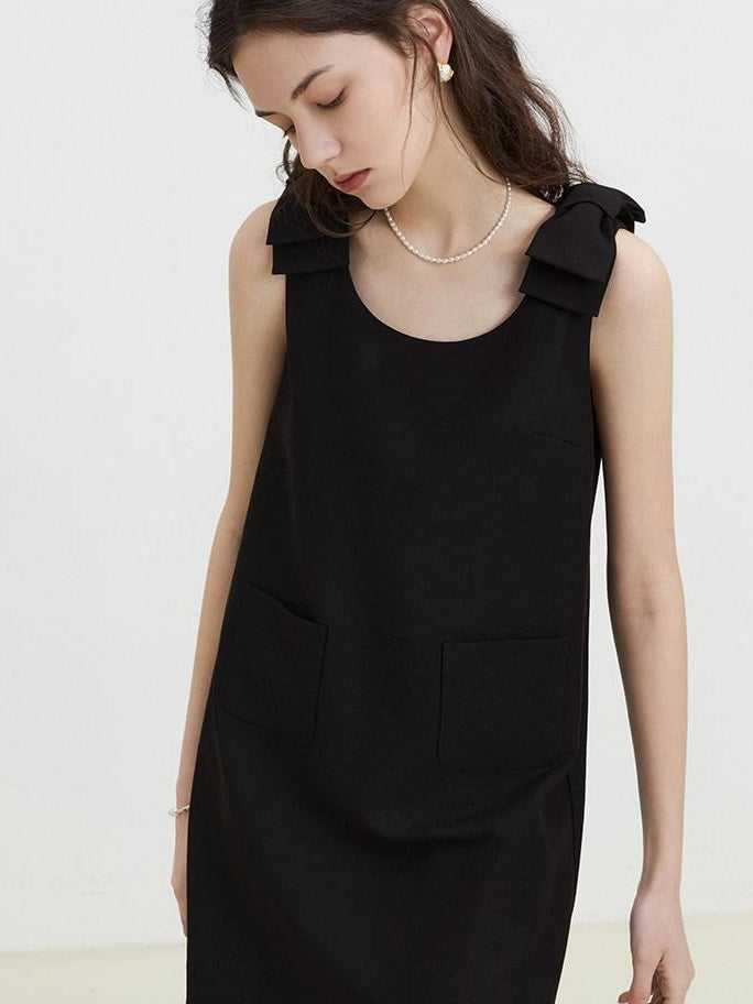 fano Minimal Bow High Waist A Line Sleeveless Round Neck Workwear Black Midi Dresses
