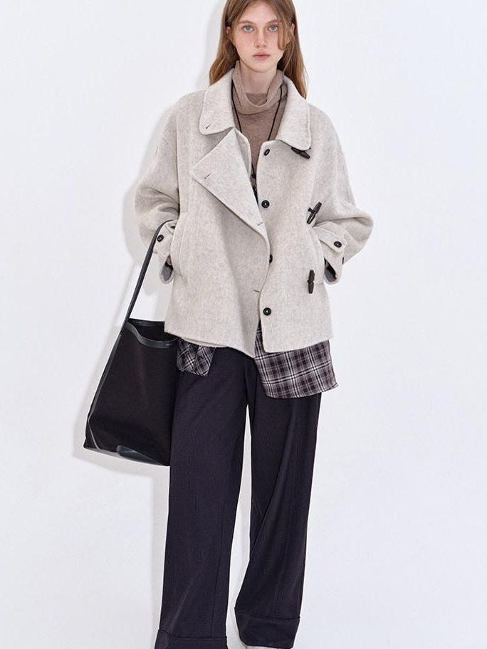 fano Wool Blend Korean Commuter Relaxed Fit Notched Collar Light Grey Short Coat