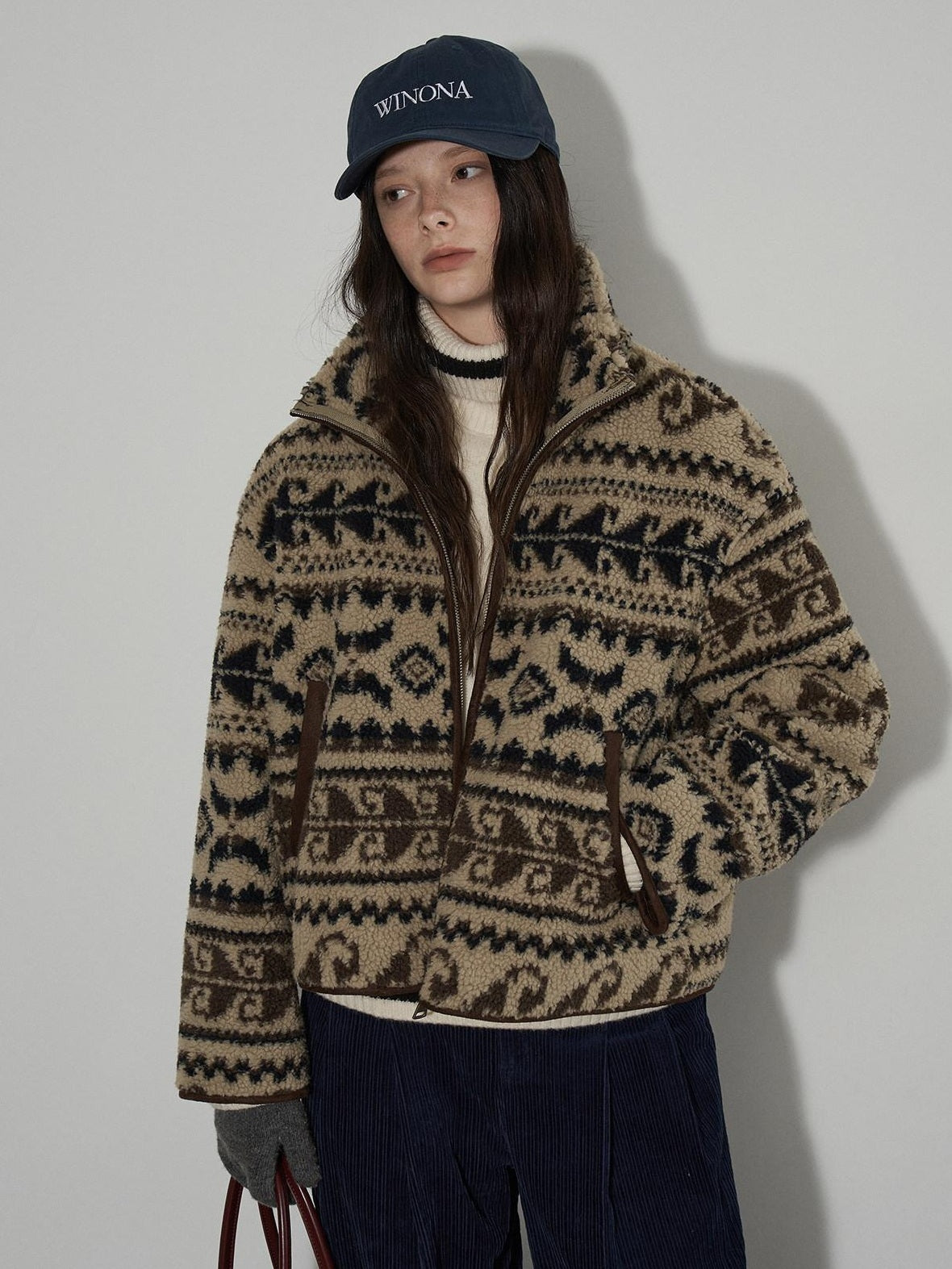 Lofi choose Cozy Thick Vintage Oversized Stand Collar Zip Floral Knitwear Ladies Cardigans