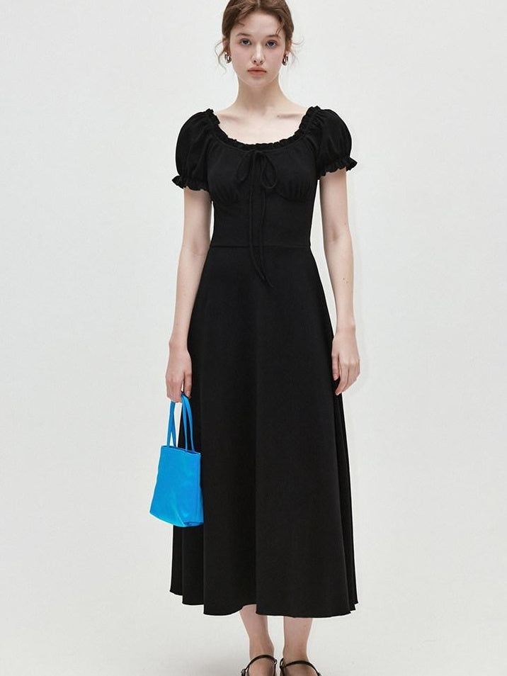 fano Structured High Waist A Line Square Neck Cotton Short Sleeve Black Maxi Dresses