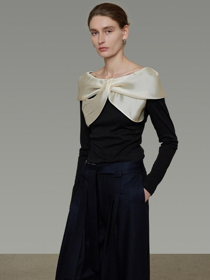 unspoken Elegant Slim Fit Knitted Contrast Bow Off Shoulder Long Sleeve Women Blouses
