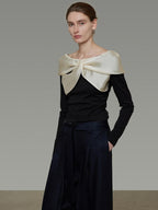 unspoken Elegant Slim Fit Knitted Contrast Bow Off Shoulder Long Sleeve Women Blouses
