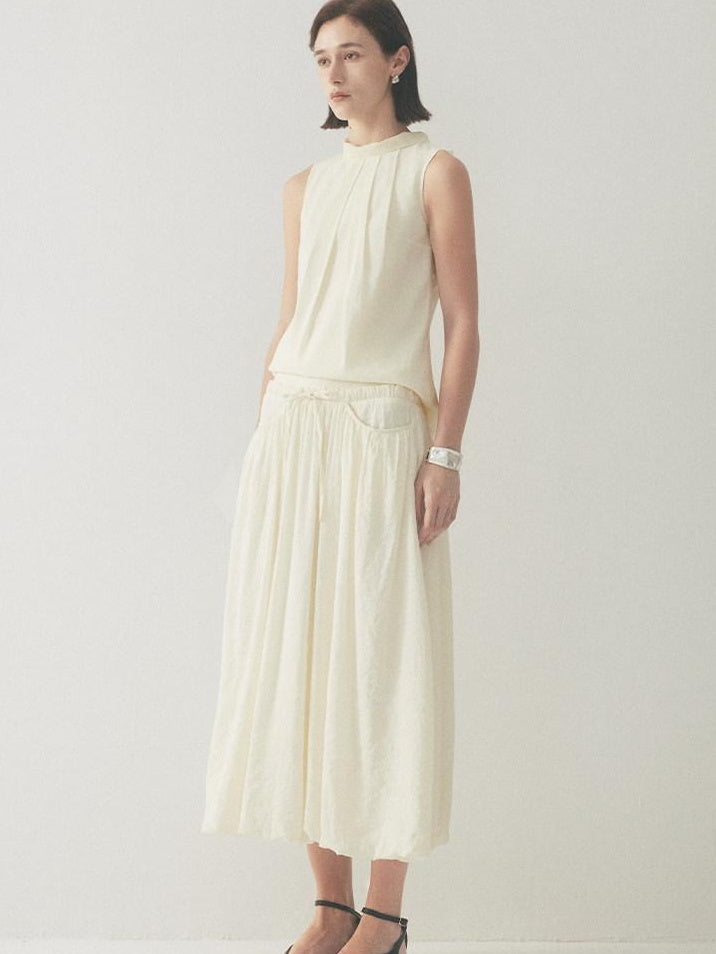 someone sometimes Original Slim Tie Detail Stand Collar Sleeveless Cream Pullover Top & Skirt Sets
