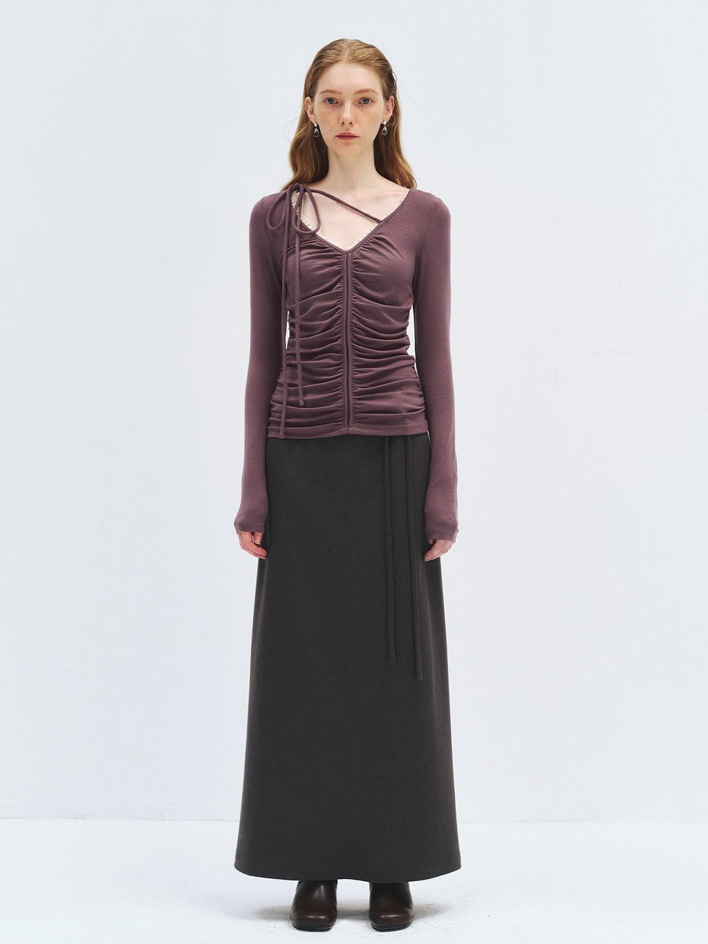 someonesometimes Lyocell Wool Slim Fit V-neck Knit Women Fig Purple Long Sleeve T-Shirts