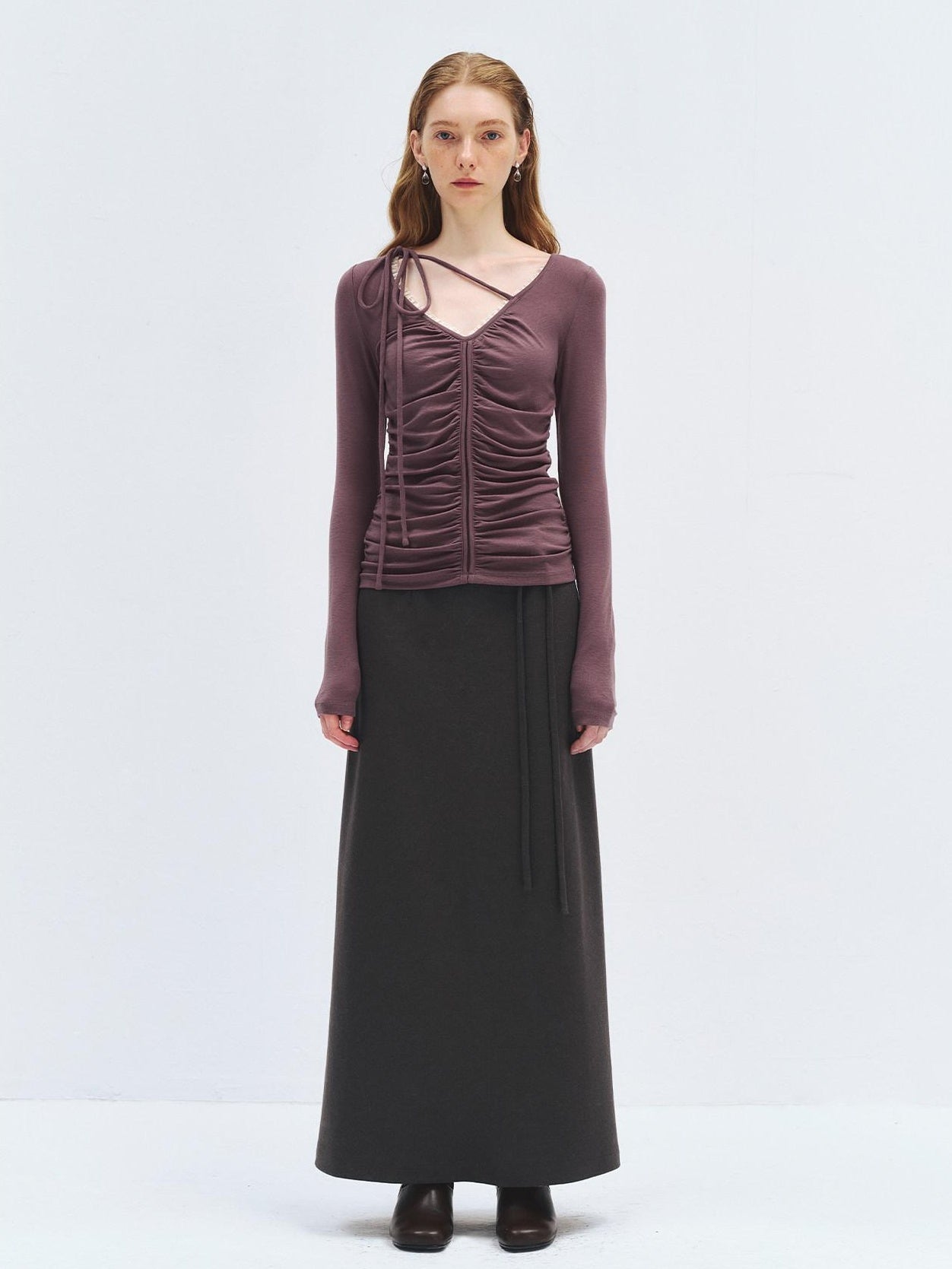 someonesometimes Lyocell Wool Slim Fit V-neck Knit Women Fig Purple Long Sleeve T-Shirts
