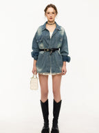 ikyou Shape Retaining Vintage Loose 3D Detail Women Midlength Blue Denim Jackets