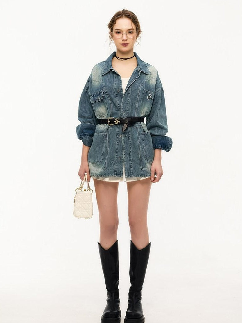 ikyou Shape Retaining Vintage Loose 3D Detail Women Midlength Blue Denim Jackets