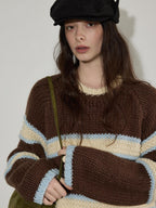 Lofi choose Cozy Acrylic Wool Colorblock Loose Fit Raglan Crewneck Striped Knit Sweaters
