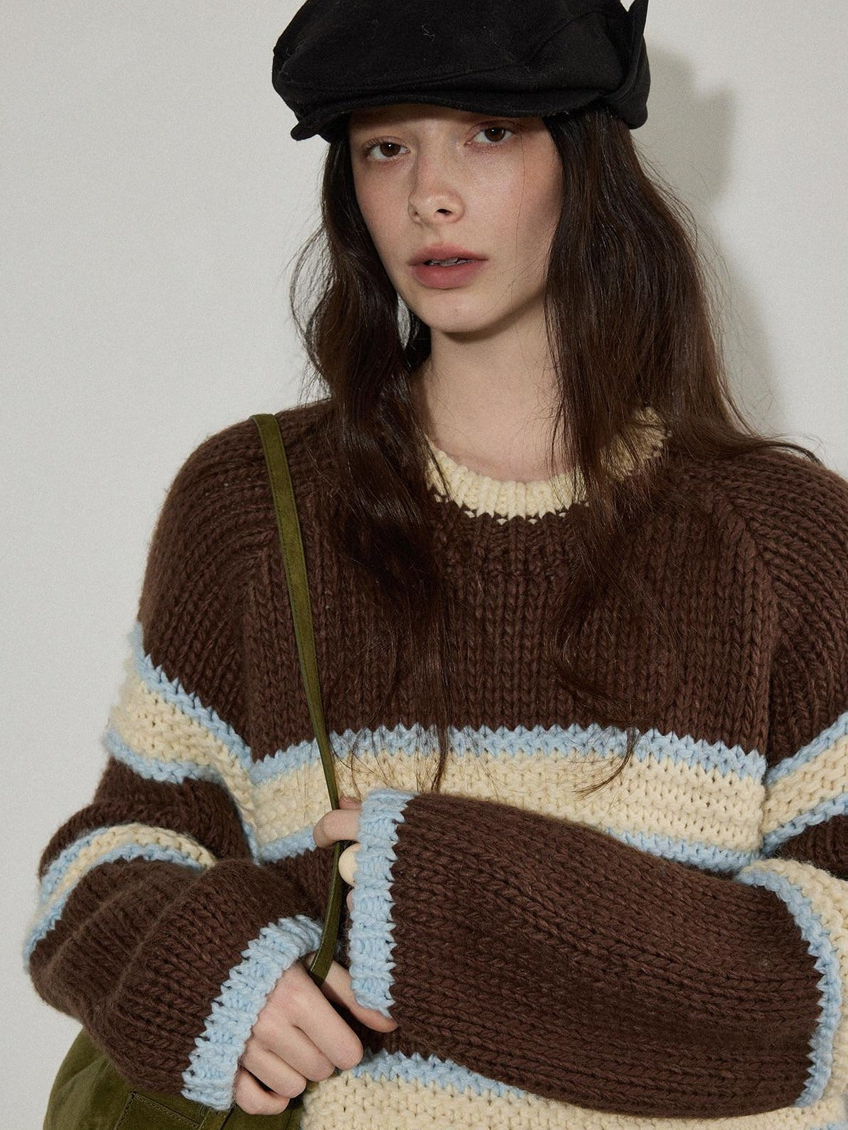 Lofi choose Cozy Acrylic Wool Colorblock Loose Fit Raglan Crewneck Striped Knit Sweaters