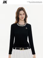 ikyou Rhinestone Soft Cotton Blend Slim Fit Workwear Black Long Sleeve T-Shirts