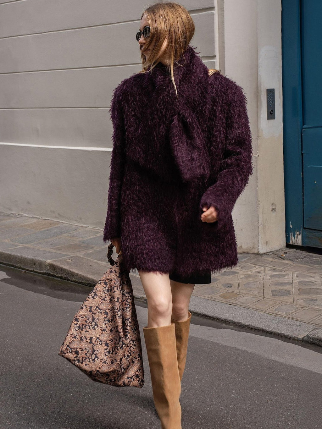 audreyyang Thick Mohair Blend Commuter V-neck For Women Solid Mustard And Grape Wool Coats