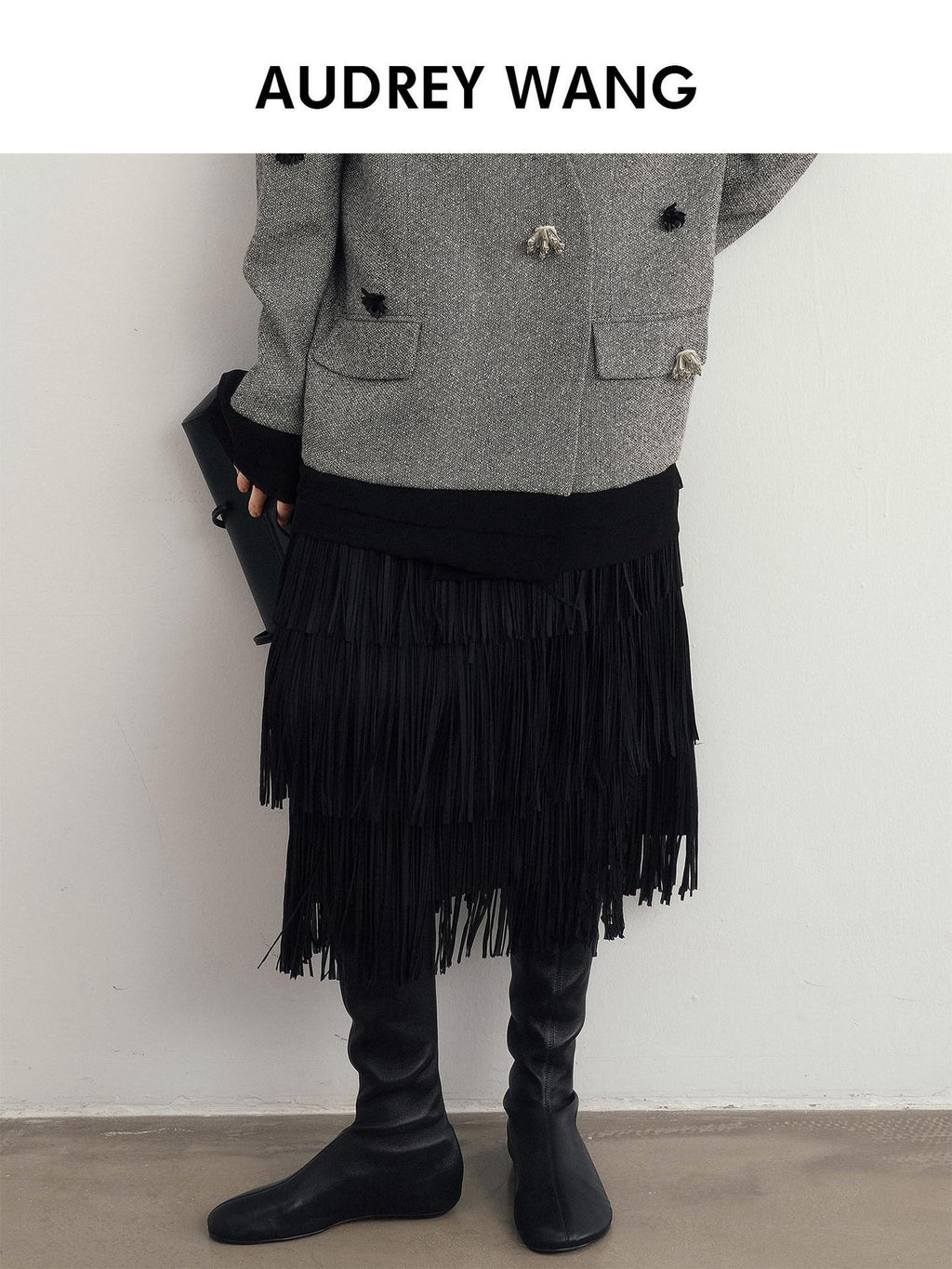 audreyyang Hand Pleated Crinkle Tassel Mid Waist Straight Lined Polyester Midi Skirts