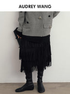 audreyyang Hand Pleated Crinkle Tassel Mid Waist Straight Lined Polyester Midi Skirts