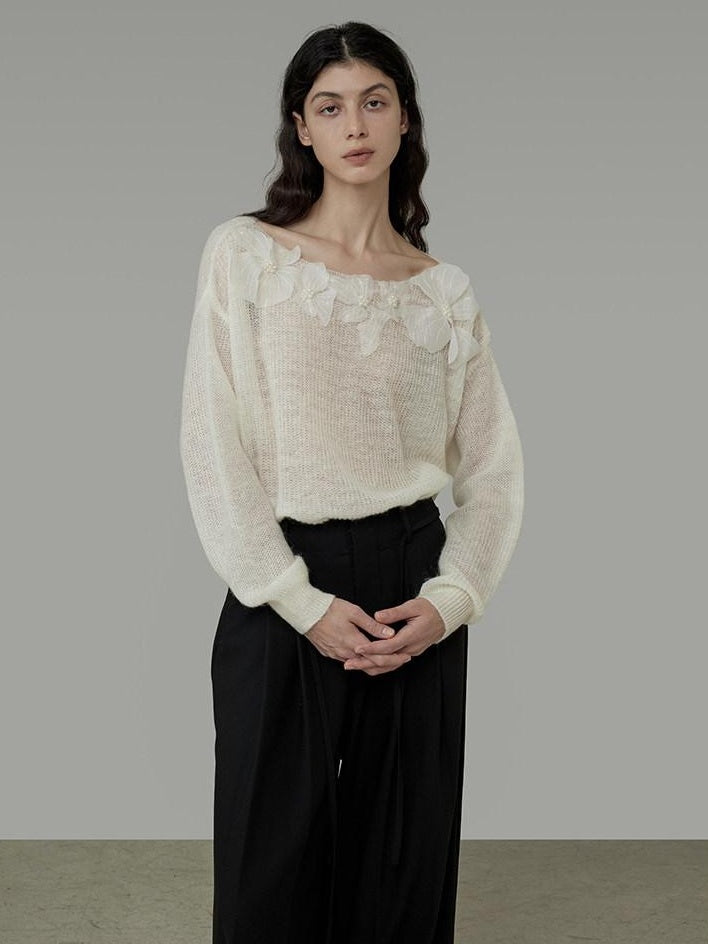 unspoken Soft Knit 3D Embellishment Loose Round Neck Long Sleeve Women White Blouses