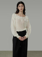 unspoken Soft Knit 3D Embellishment Loose Round Neck Long Sleeve Women White Blouses