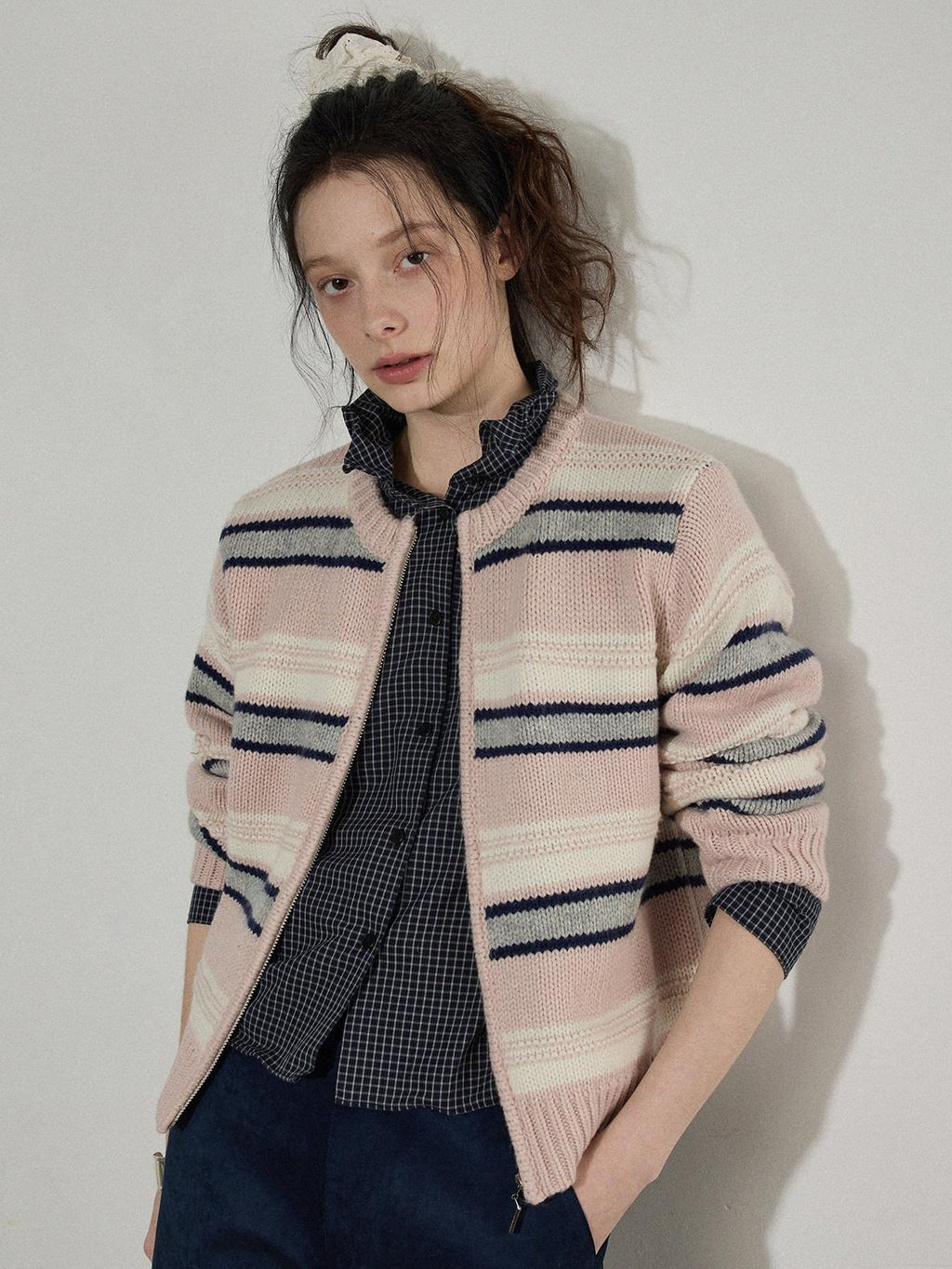 Lofi choose Soft Wool Blend Commuter Loose Fit Colorblock Zip Knit For Women Cardigans