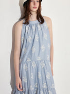 fano 100 Percent Cotton Sleeveless A Line Korean Commuter Women Blue Maxi Dresses