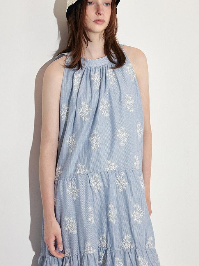 fano 100 Percent Cotton Sleeveless A Line Korean Commuter Women Blue Maxi Dresses