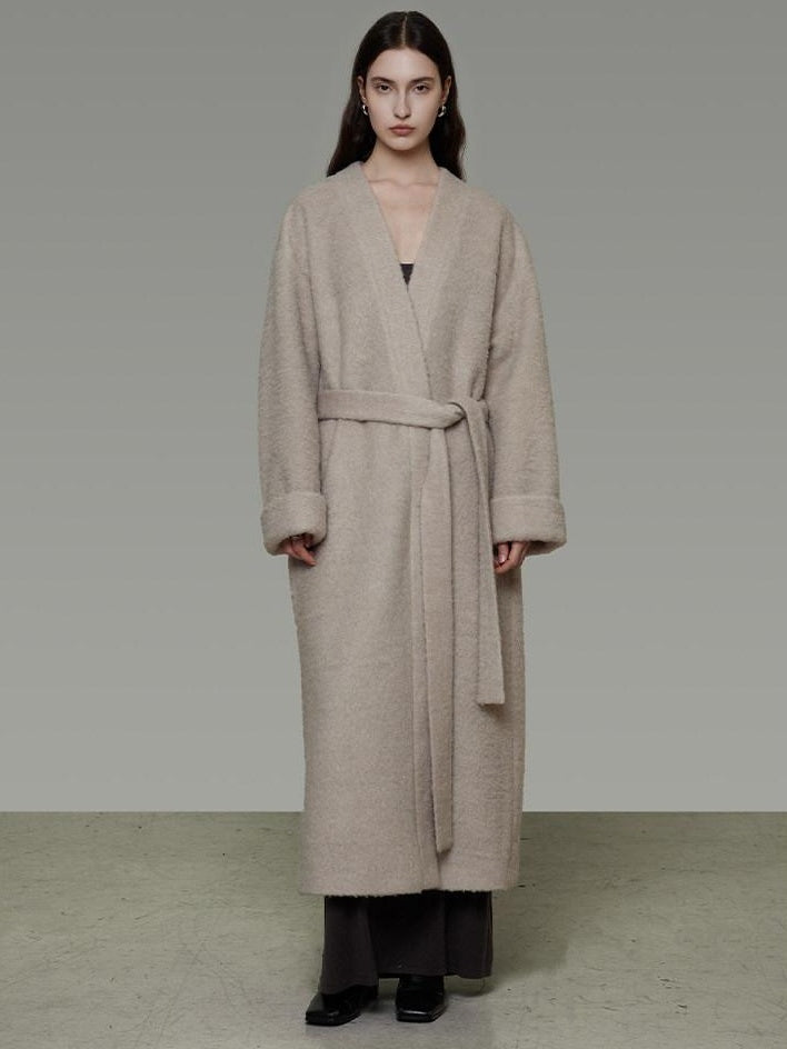 unspoken Cozy Sheepswool Belted Loose Fit Minimal Office V-neck Mid Length Wool Coats