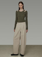 unspoken Pleated Natural Waist Minimalist Loose Women Khaki Zipper Wide Leg Pants