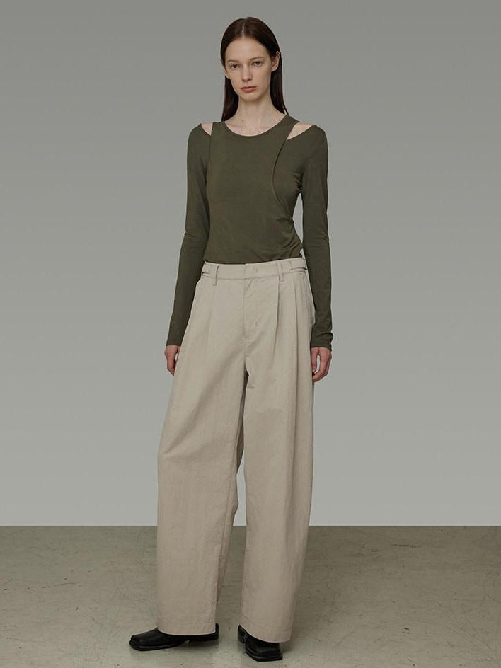 unspoken Pleated Natural Waist Minimalist Loose Women Khaki Zipper Wide Leg Pants