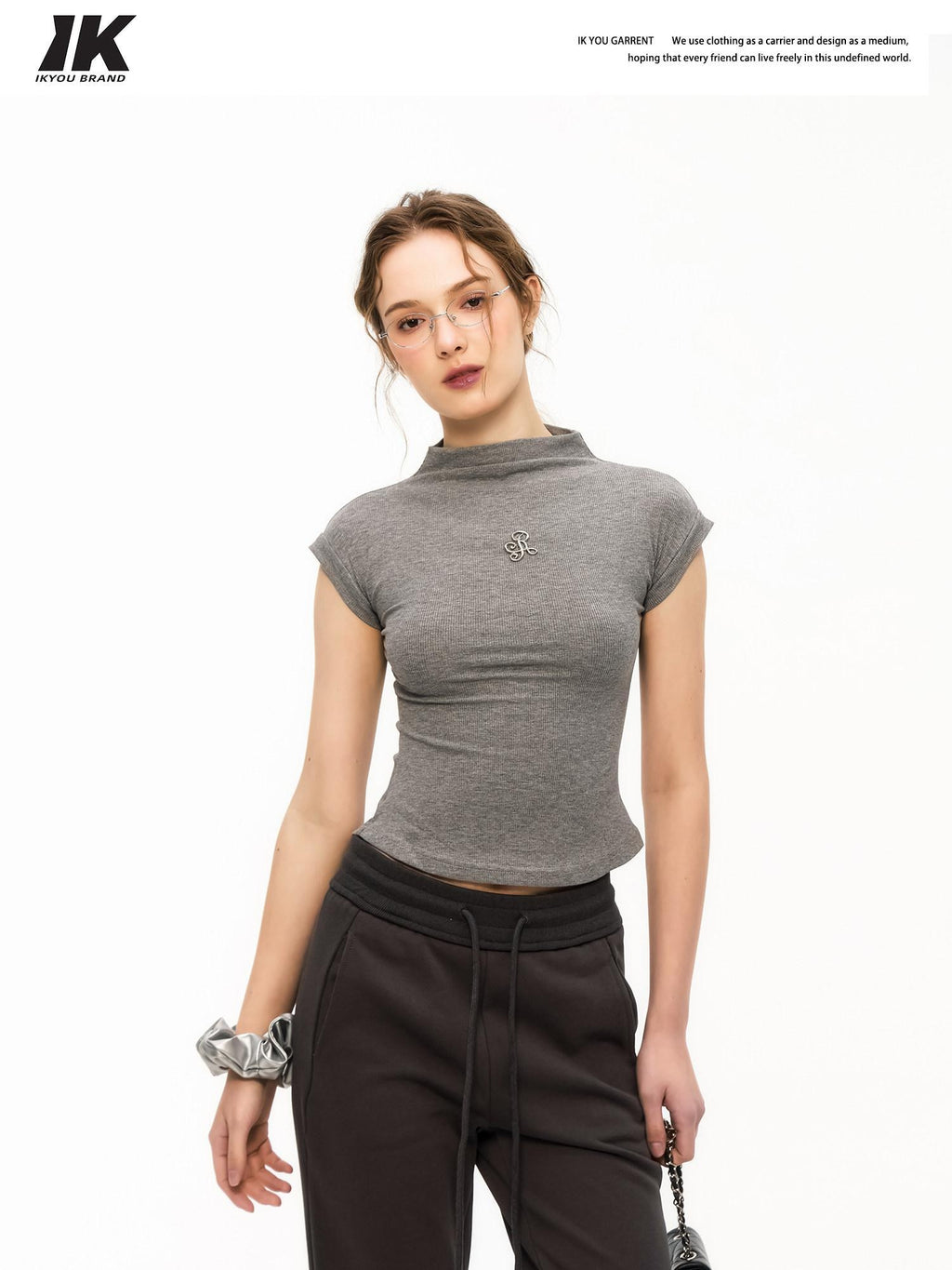 ikyou Cooling Wrinkle Free Slim Crop Half High Neck Solid Short Sleeve T-Shirts