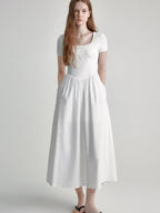 fano Cotton High Waist A Line Square Neck Short Sleeve Office Casual Maxi Dresses
