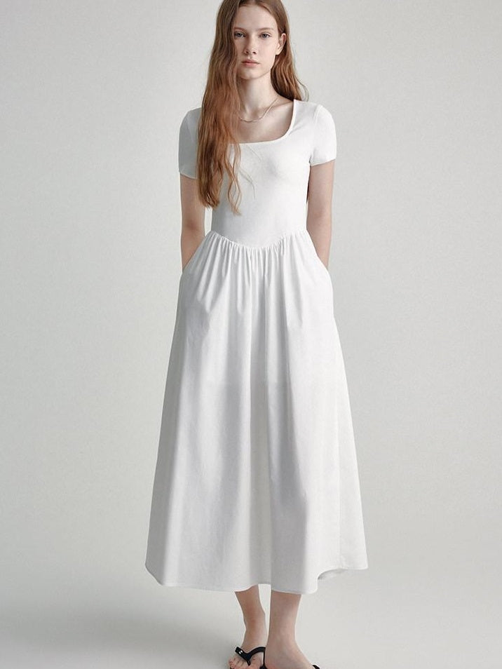 fano Cotton High Waist A Line Square Neck Short Sleeve Office Casual Maxi Dresses