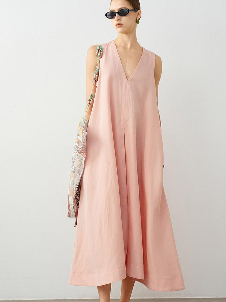 audreyyang Linen Blend V-neck Sleeveless A Line Casual Pink Maxi Dresses