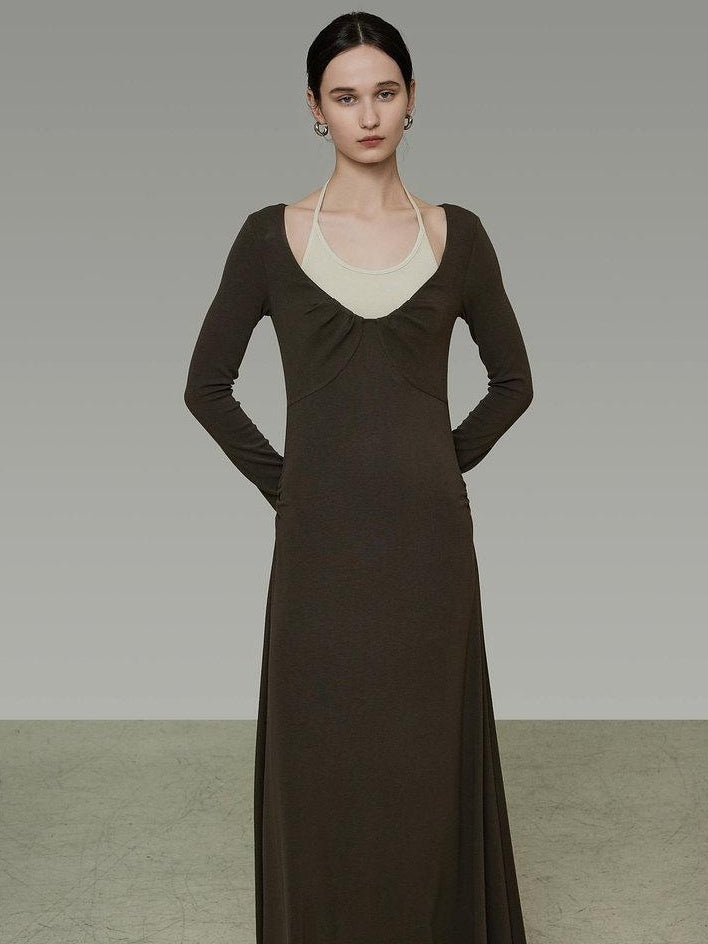 unspoken Breathable Viscose Halter High Waist A Line Knit Office Women Maxi Dresses