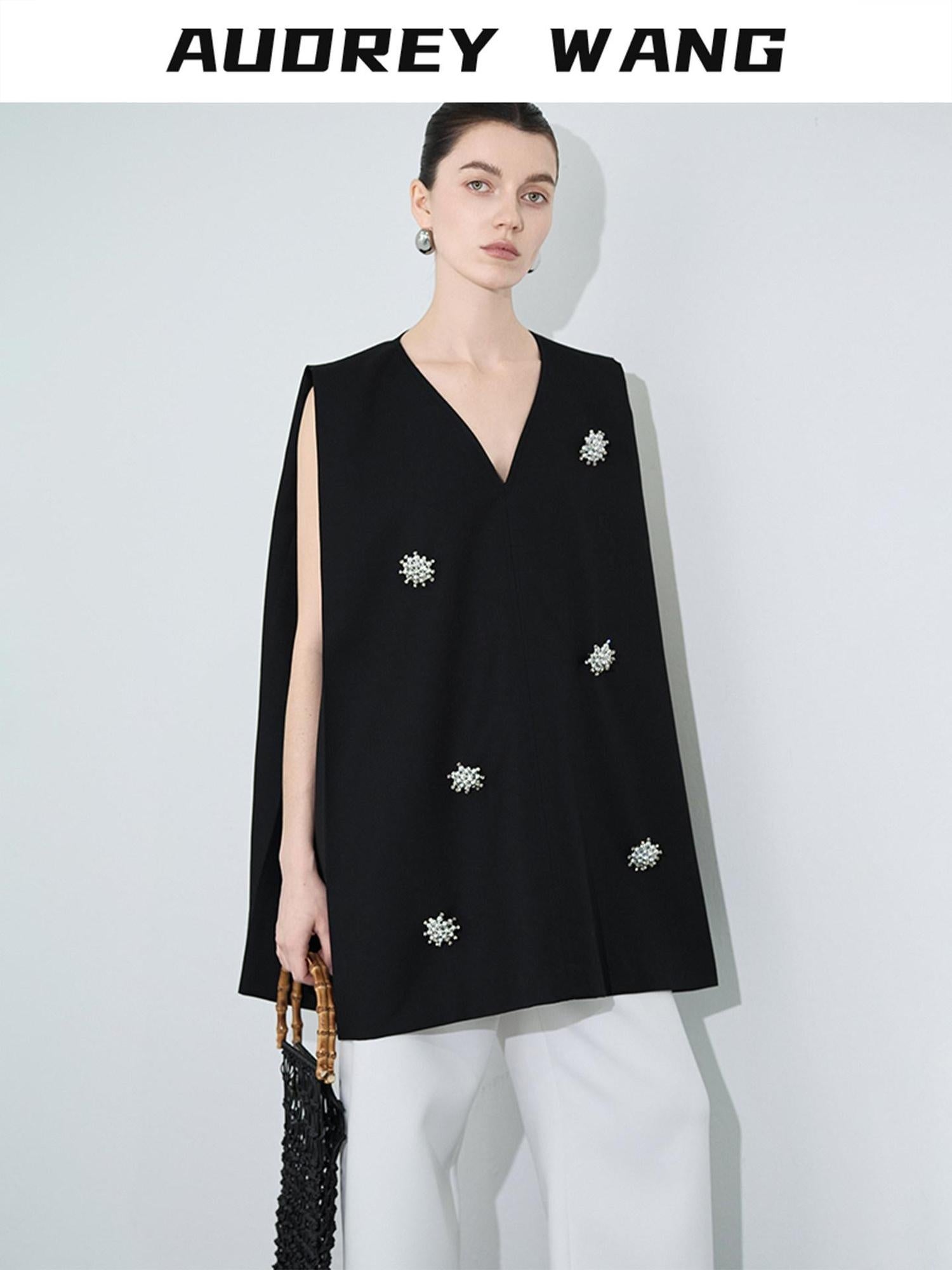 audreyyang Original Beaded Loose V-neck Mid Length Open Front Women Polyester Vests