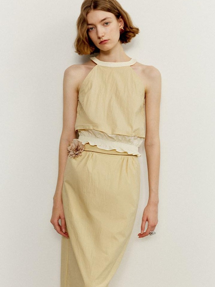 someone sometimes Ruffle Original Slim Fit Melon Halter Cotton Mix Top & Skirt Sets