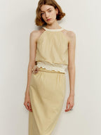 someone sometimes Ruffle Original Slim Fit Melon Halter Cotton Mix Top & Skirt Sets
