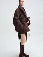 audreyyang Warm 90% Duck Down Loose Casual Stand Collar Women Chocolate Brown Down Jackets