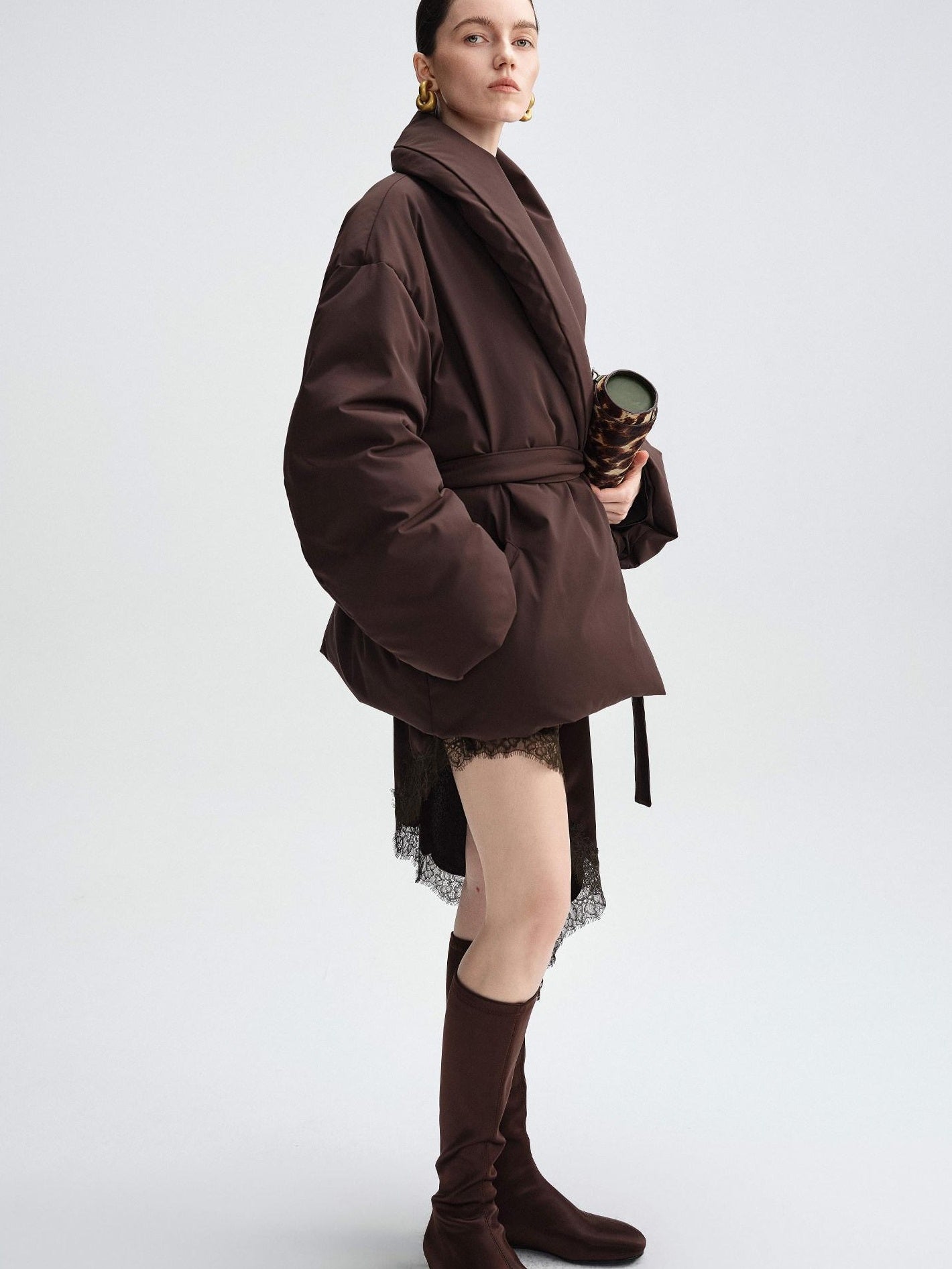 audreyyang Warm 90% Duck Down Loose Casual Stand Collar Women Chocolate Brown Down Jackets