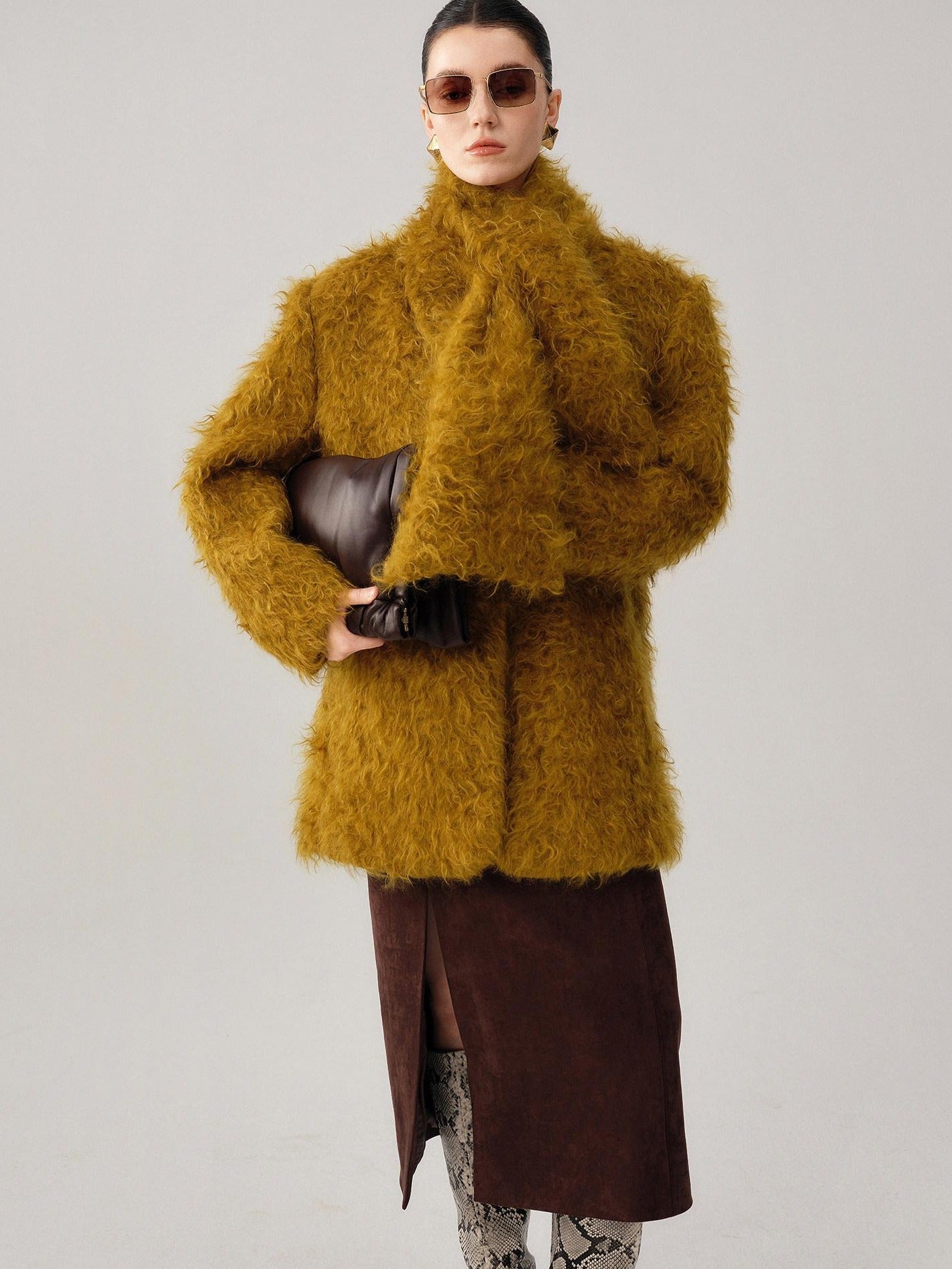 audreyyang Thick Mohair Blend Commuter V-neck For Women Solid Mustard And Grape Wool Coats