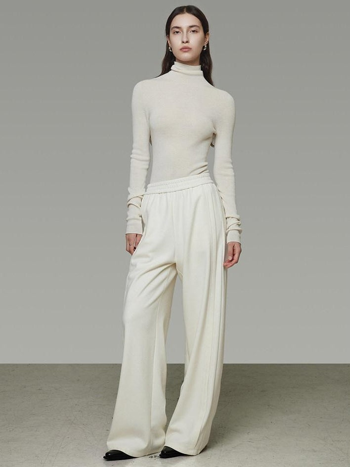 unspoken Comfort Elastic Natural Waist Minimal Solid White Polyester Blend Wide Leg Pants