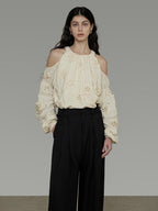unspoken Breathable Skin Friendly Embroidered Loose Round Neck Long Sleeve Office Blouses