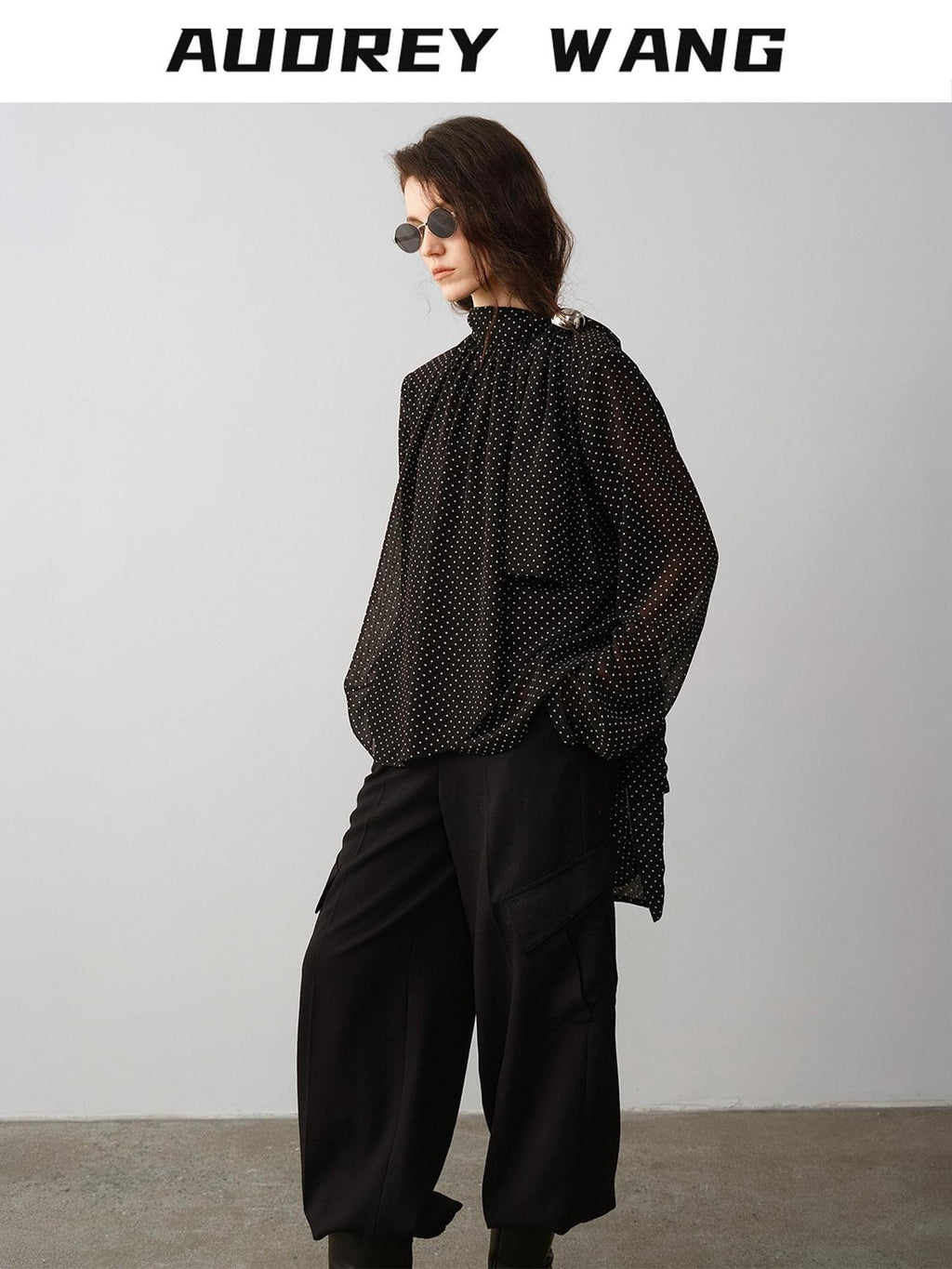 audreyyang Shape Retaining Loose Fit Stand Collar Long Sleeve For Women Polka Dot Blouses