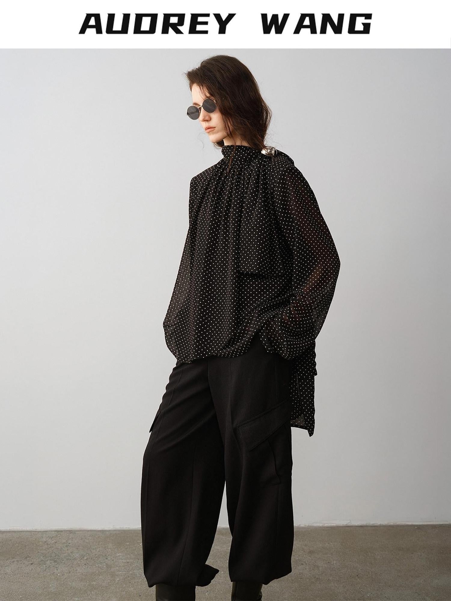 audreyyang Shape Retaining Loose Fit Stand Collar Long Sleeve For Women Polka Dot Blouses