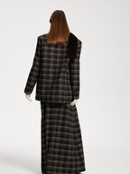 someone sometimes Original Design Plaid V-neck Long Sleeve Polyester Office Chic Top & Skirt Sets