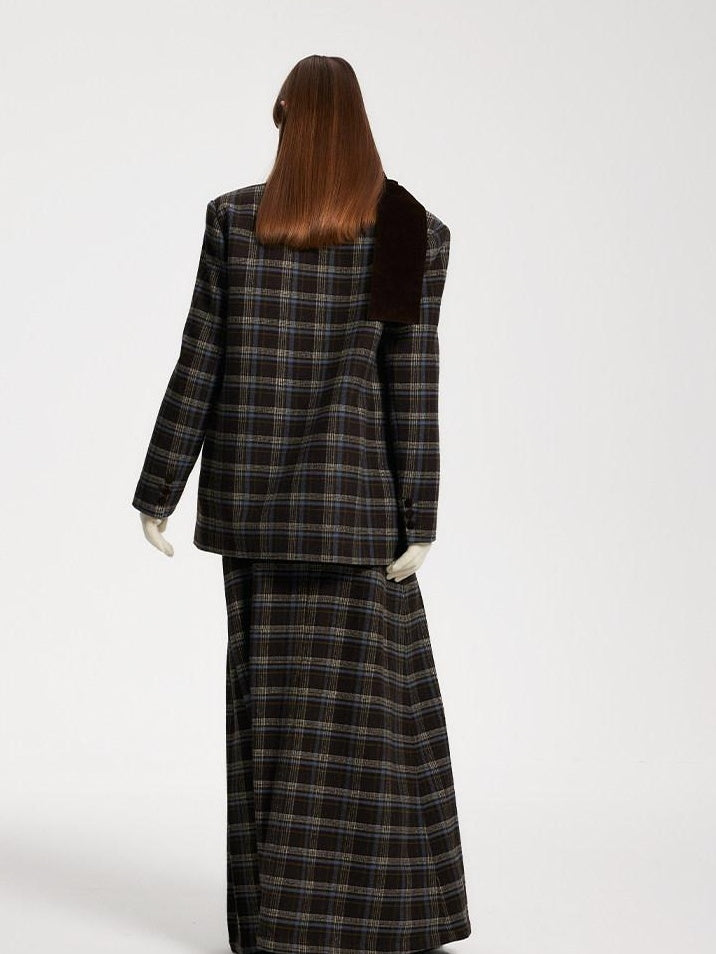someone sometimes Original Design Plaid V-neck Long Sleeve Polyester Office Chic Top & Skirt Sets