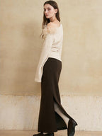 someone sometimes Lined Mid Waist Slit Casual Straight Knit Dark Brown Daily Maxi Skirts