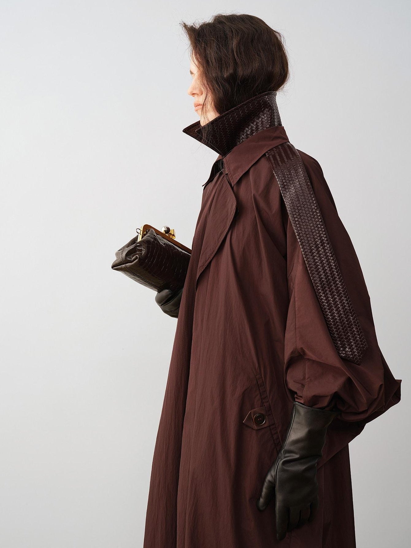 audreyyang Long Polyamide Patchwork Trench Decorative Tabs Women Black Trench Coats