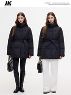 ikyou Insulated Embroidered Pocket Korean Loose Mid Length Stand Collar Puffer Jackets