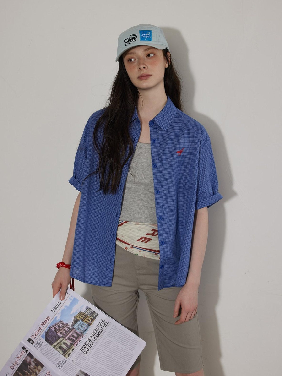 Lofi choose Lightweight Embroidered Plaid Button Down Loose Commuter Short Sleeve Women Shirts