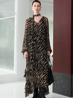 audreyyang Soft Viscose Ruffle Casual A Line Zebra V-neck Long Sleeve Maxi Dresses