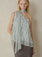 someonesometimes Sheer Mesh Wave Tie Lightweight Workwear Women Mint Green Off Shoulder Crop Tops