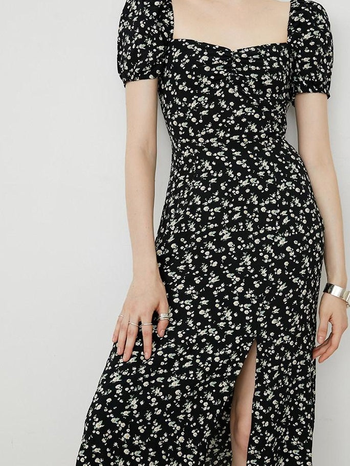 fano Viscose Square Neck Puff Sleeve A Line Casual Black Floral Maxi Dresses
